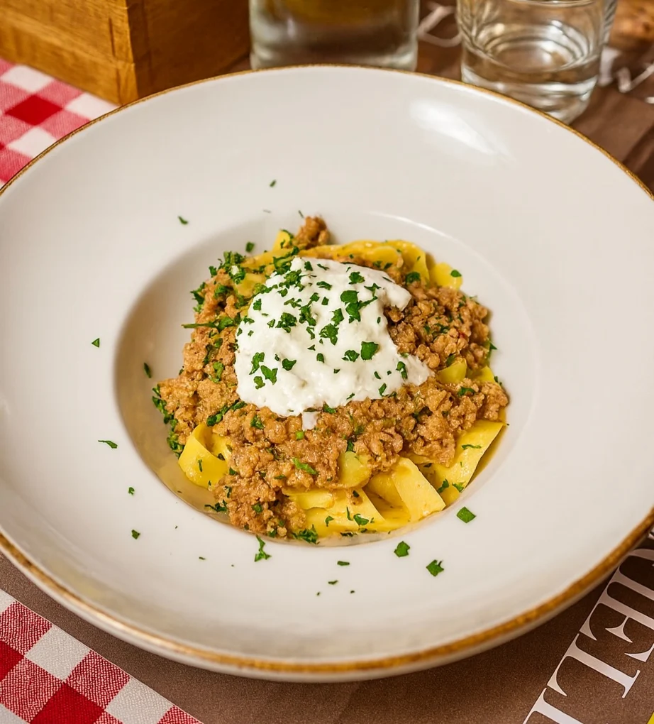 Tagliatelle al ragù bianco con stracciatella e prezzemolo